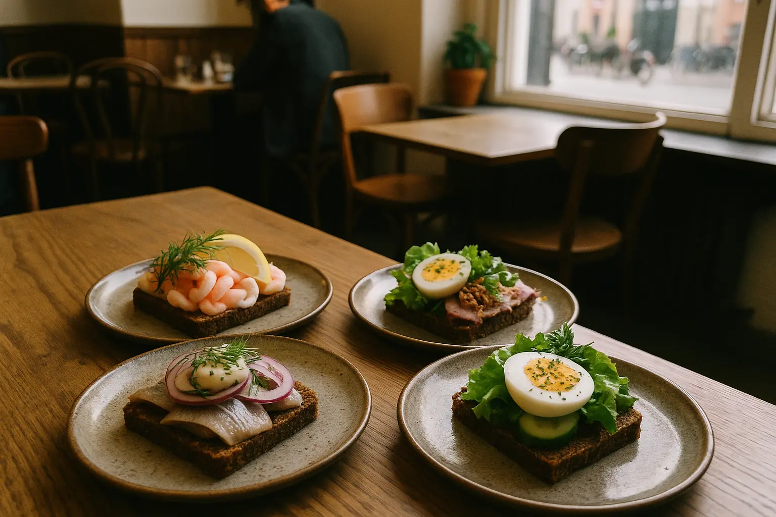 Smørrebrød med forskellige toppings på et rustikt bord