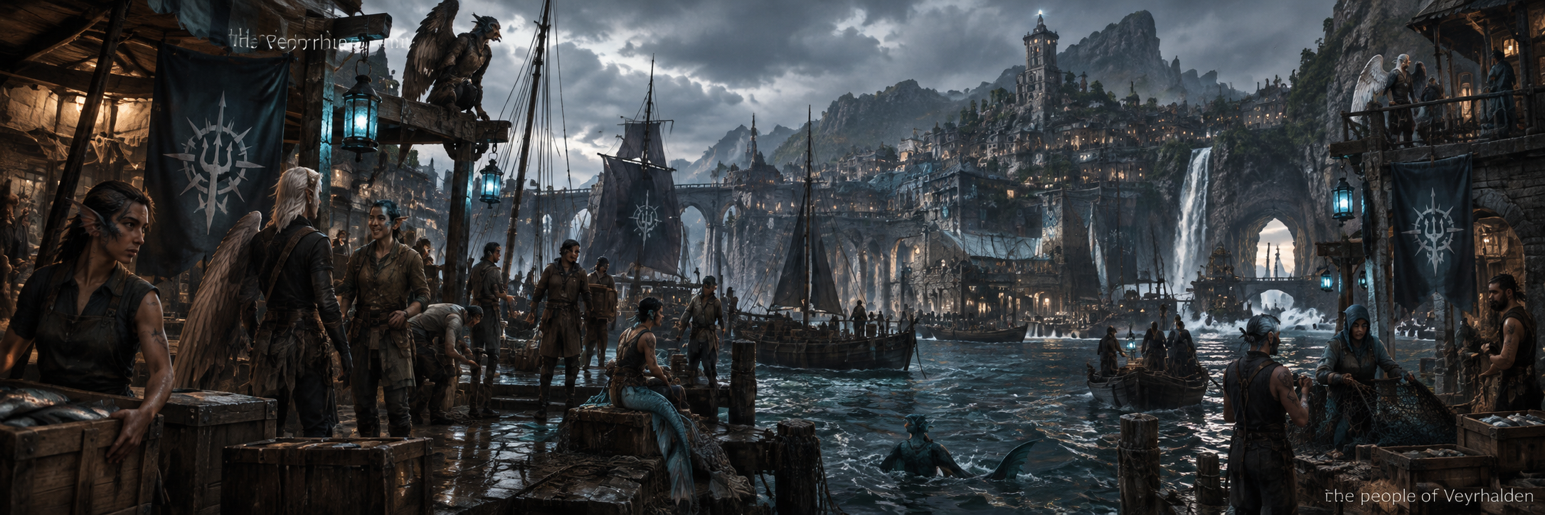 The people of Veyrhalden gathered throughout a stormy black-water harbor