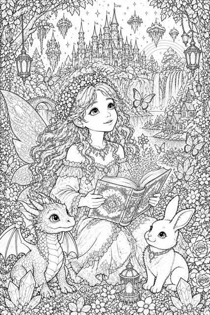Printable Enchanted Fairy Storytime colouring page for kids