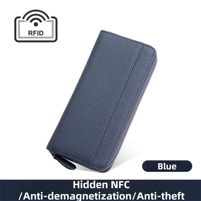 Blue Genuine Leather Women's Long Wallet with RFID Blocking & Hidden NFC - Large Capacity Phone Purse with 180° Zipper Closure, 18 Card Slots, Coin/Cash Pockets and for Daily Travel Use