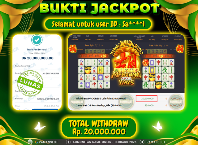 PAMANSLOT JACKPOT Game Mahjong Ways Rp.20,000,000- LUNAS