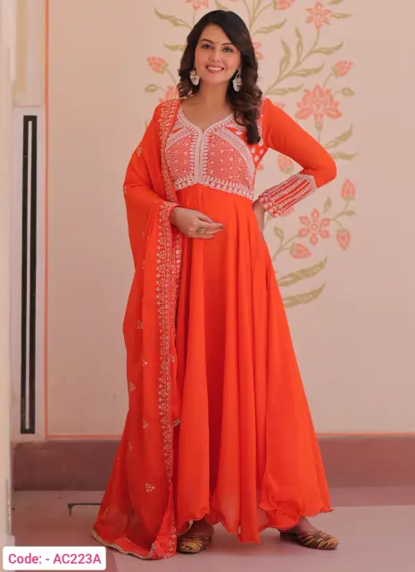 Orange color embroidered long anarkali suit