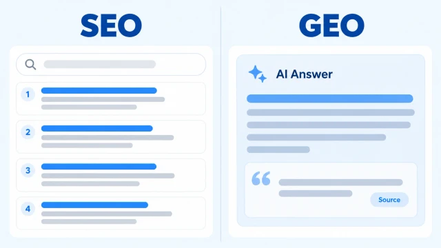 Diagram comparing SEO ranked results with a GEO AI-generated answer