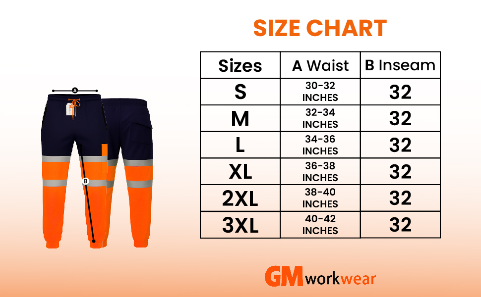 STJB Hi Vis Pro Joggers Size Chart