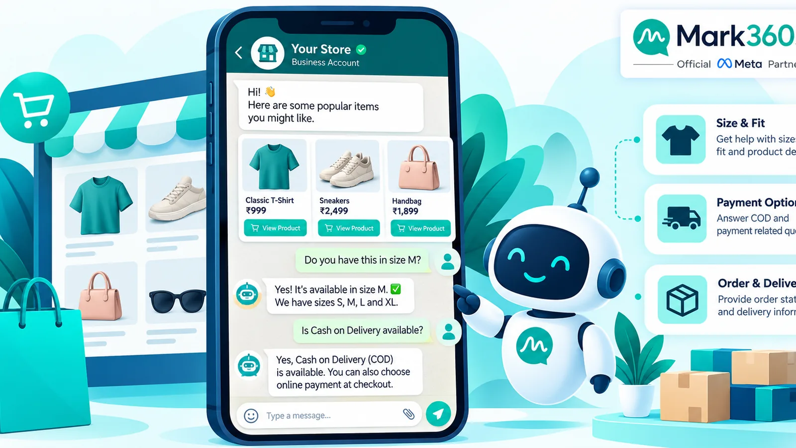 Ecommerce WhatsApp AI agent answering size availability and COD questions with catalog cards