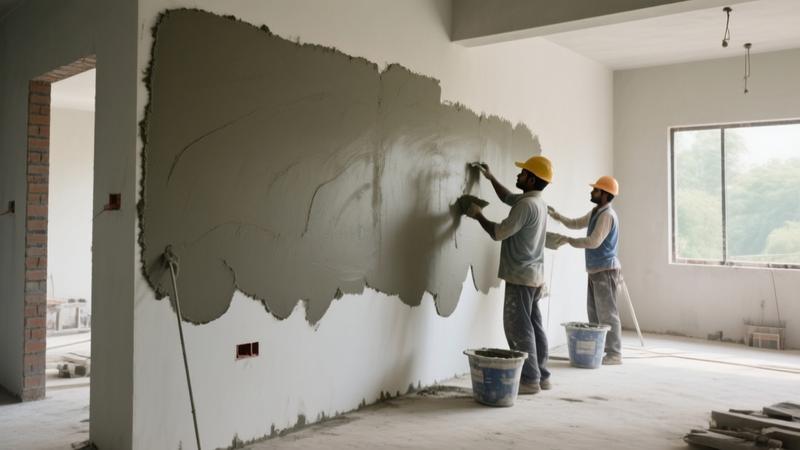 Plastering cost per sq ft India 2026 - workers applying cement plaster to interior wall