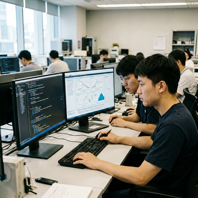Beijing DeepSeek AI research lab, young engineers working at monitors showing code and model training graphs, candid documentary news photog