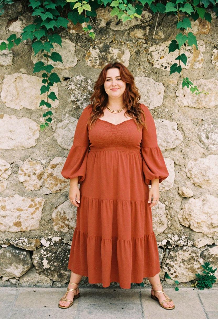 Plus size woman in terracotta smocked midi dress with tiered skirt and gold accessories against a rustic Mediterranean stone wall