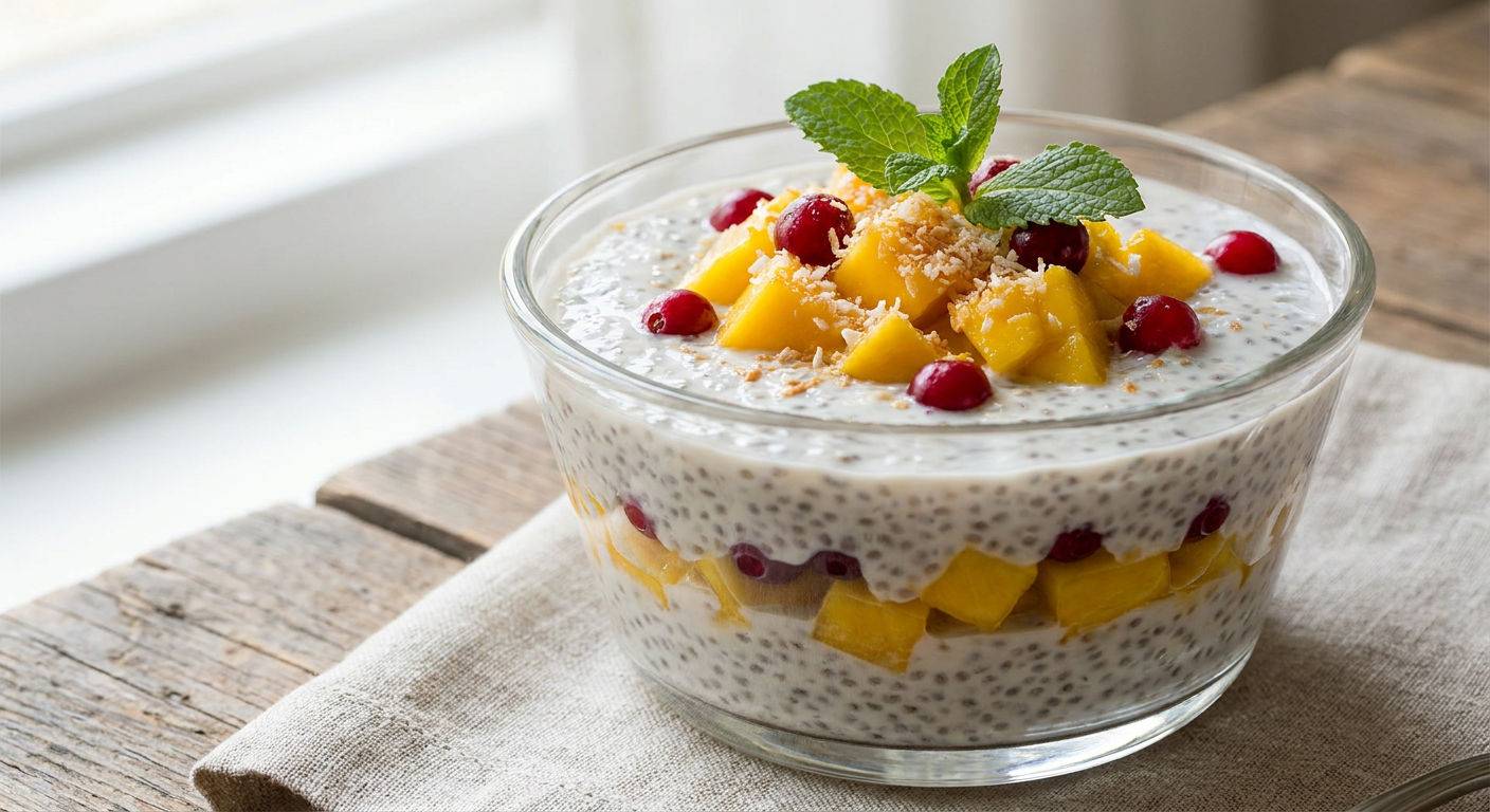Egzotyczny pudding chia z mango i zurawina.