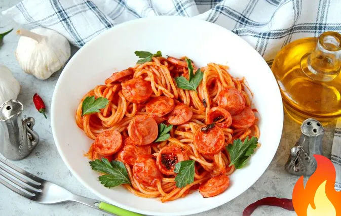 Постер Спагетти с сосисками в томатном соусе