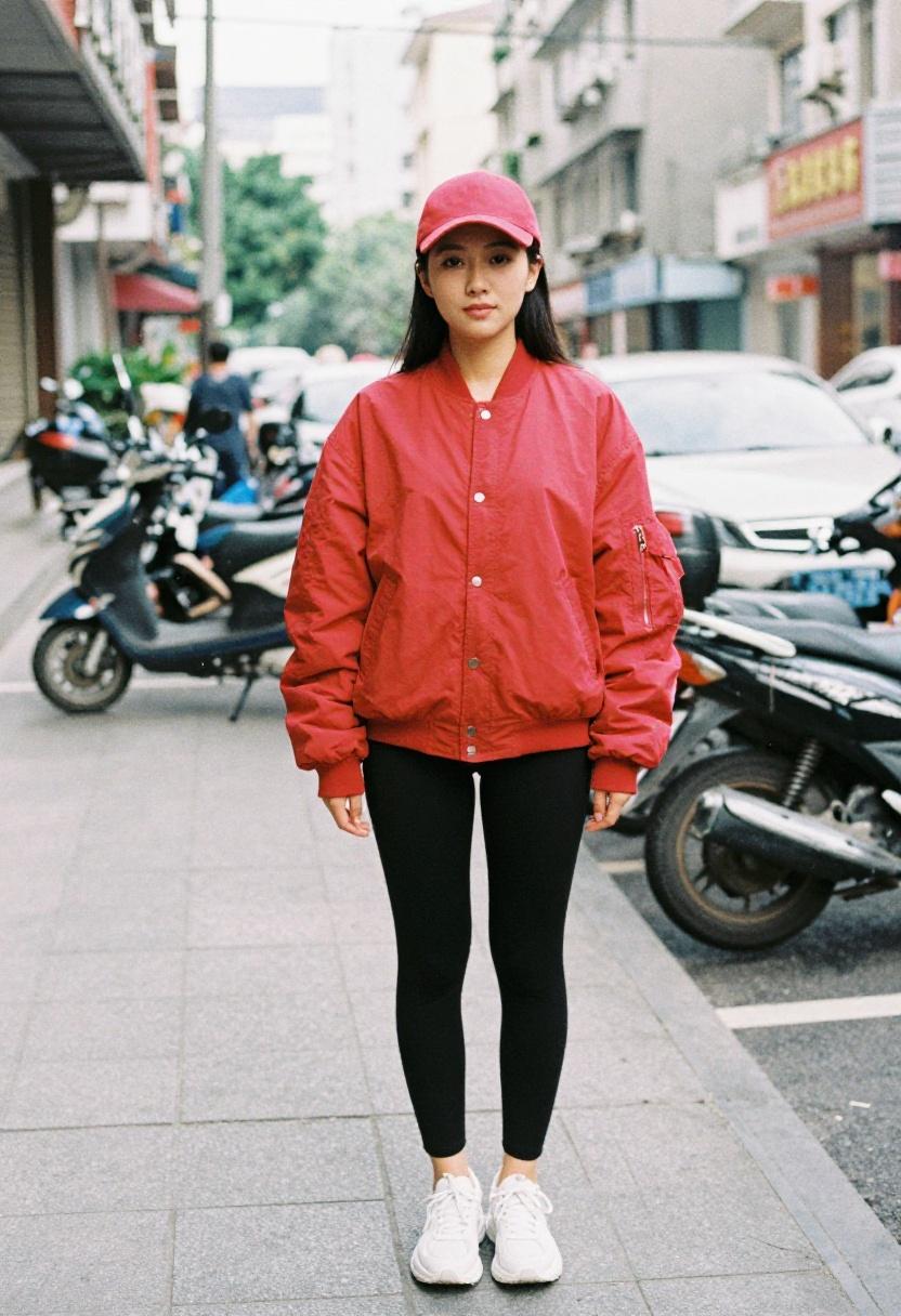 Crimson varsity bomber jacket and matching cap for game day