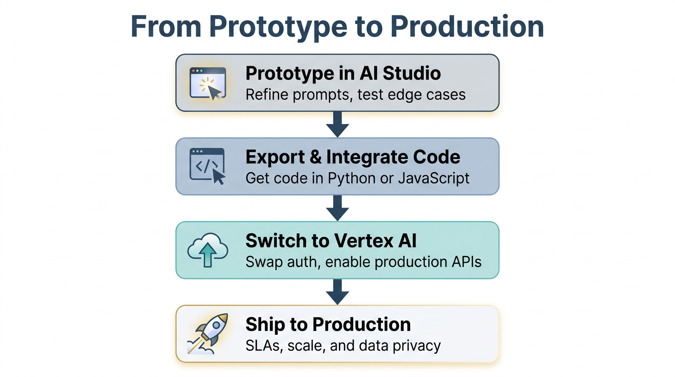 Four-stage vertical pipeline diagram showing the journey from prototyping in Google AI Studio to exporting code, switching to Vertex AI, and shipping to production