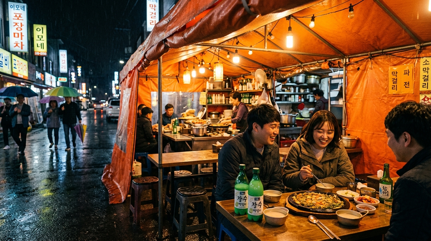Traditional pojangmacha street stall at night with makgeolli and Korean street food