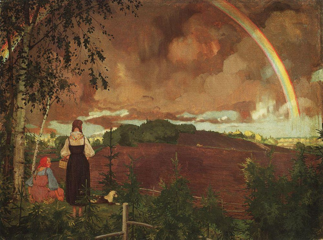 Пейзаж с двумя крестьянскими девушками и радугой 1918