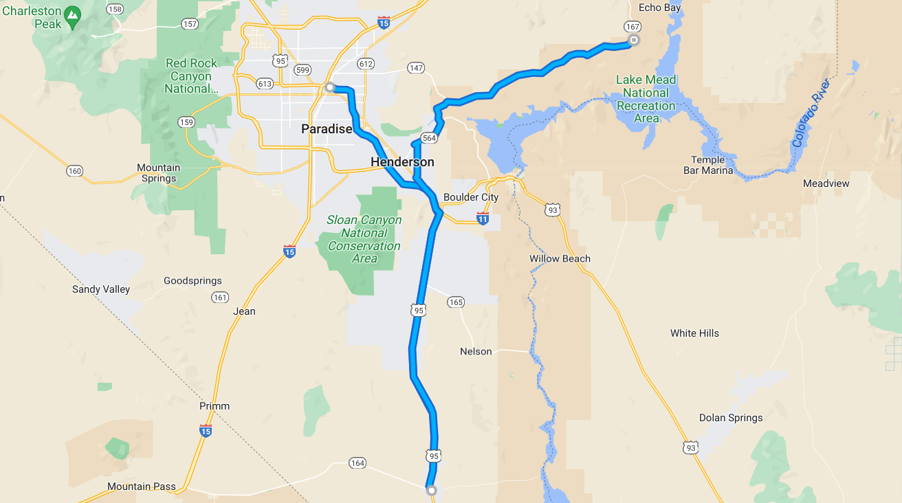 Map of the journey in this chapter, from Las Vegas to Lake Mead.