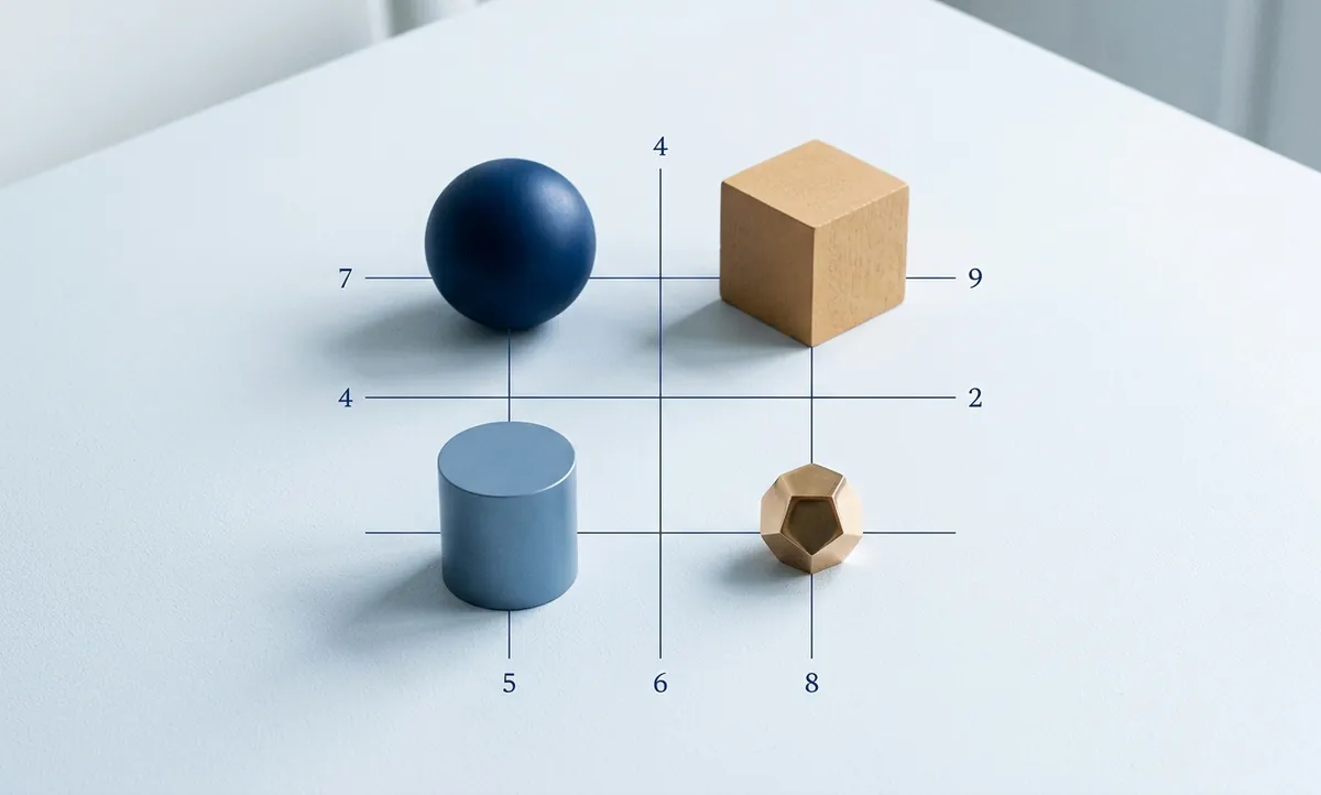 Quatro objetos geométricos distintos conectados por linhas precisas