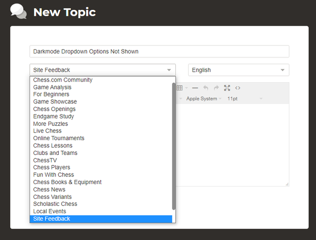 The <select> shows everything perfectly in light mode.