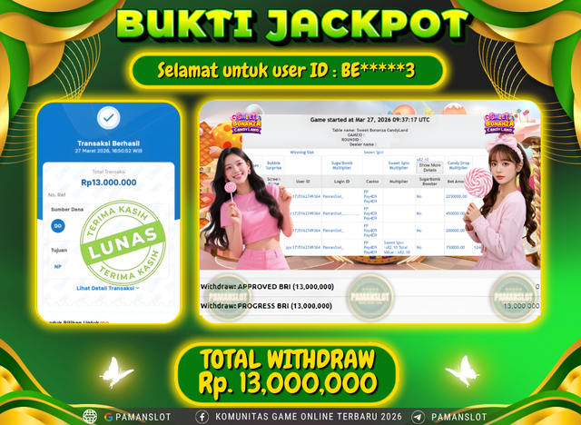 Selamat kepada Member PAMANSLOT Game Live PP- Sweet Bonanza Candyland : BE*****3