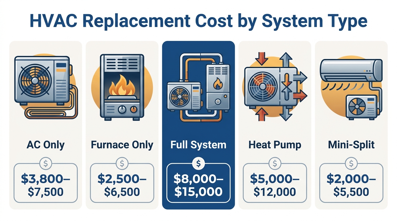 Five HVAC system types with typical installed cost ranges shown as icon cards