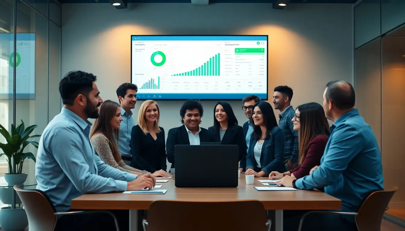 Accountants discussing SEO strategies in a contemporary office environment.