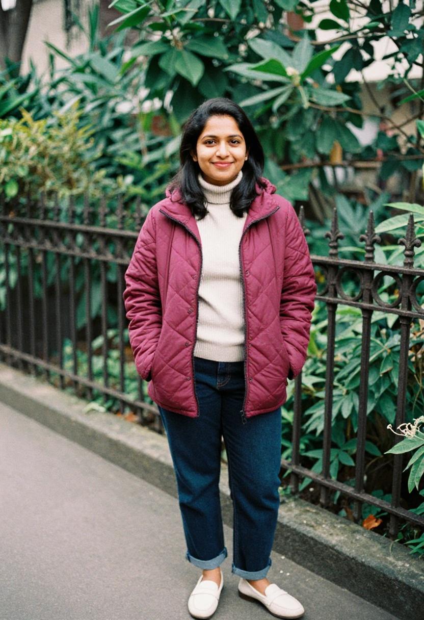 Deep magenta quilted jacket with dark denim and loafers for a relaxed polished spring look