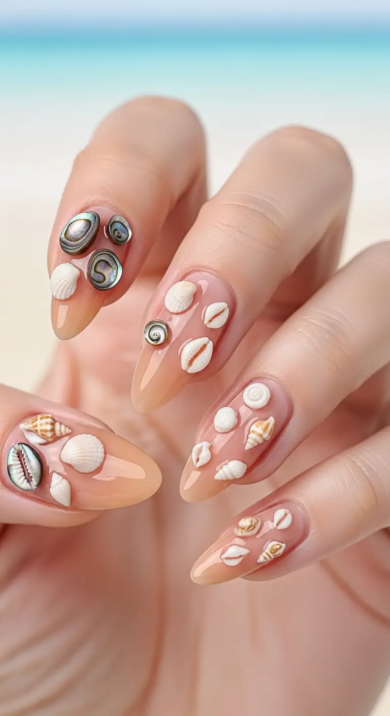 3D Shell Charm Accent Almond Nails