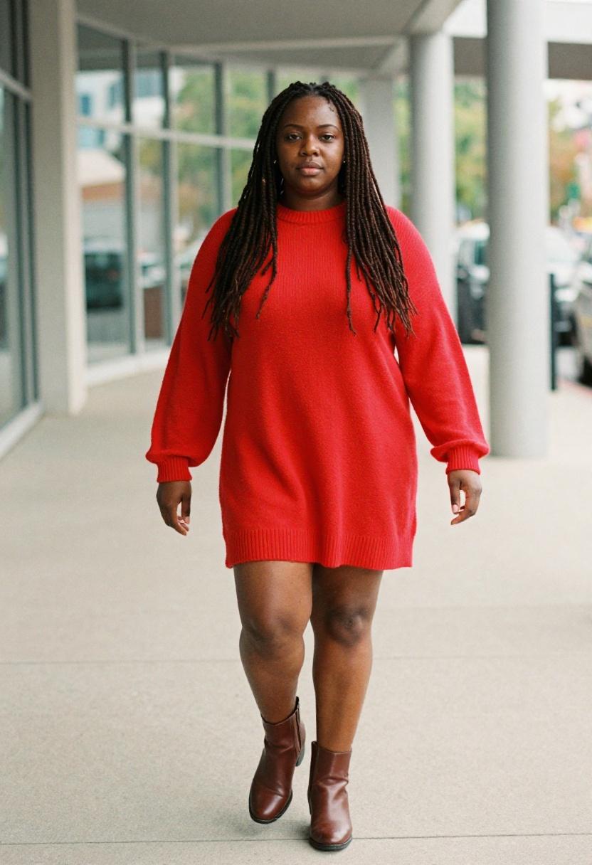 Tomato red loose-knit sweater dress worn while walking, professional and comfortable