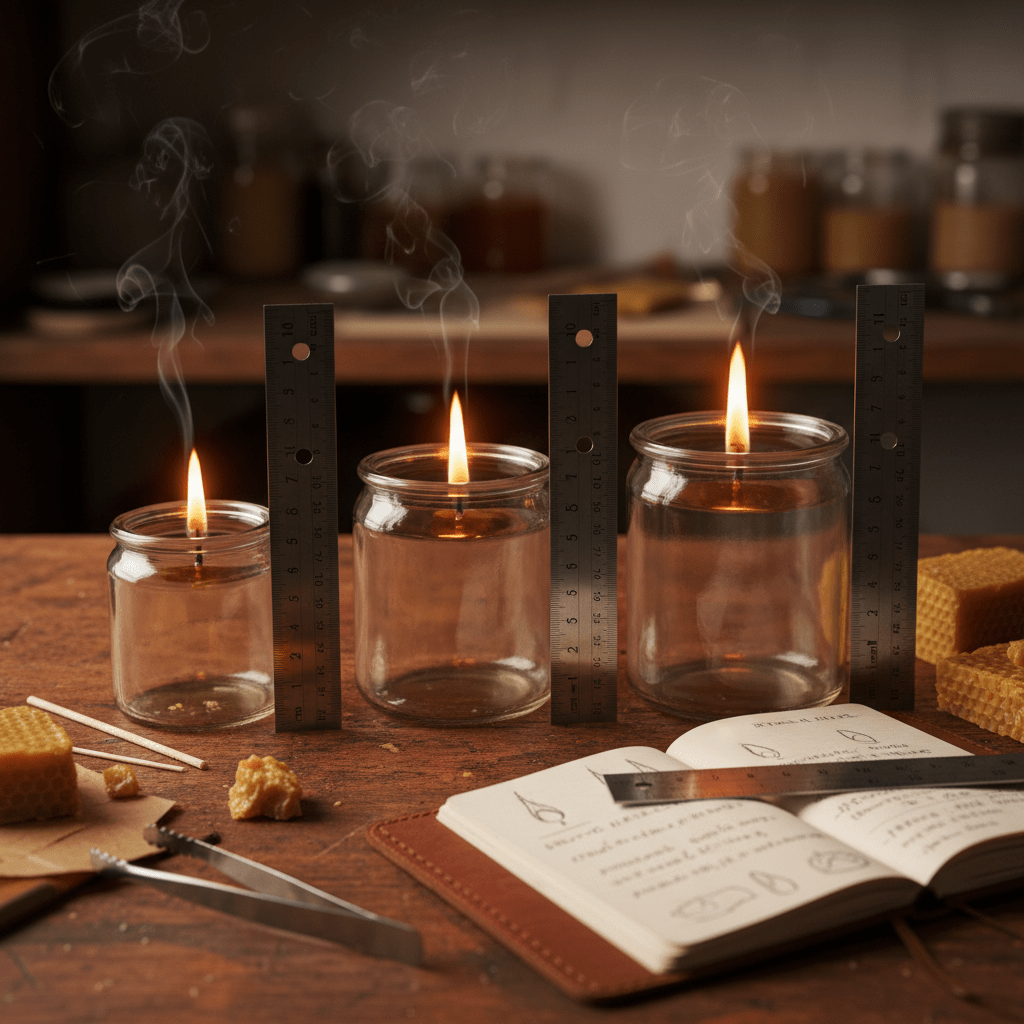 A candle maker testing beeswax jar candles of different sizes with tools and notes
