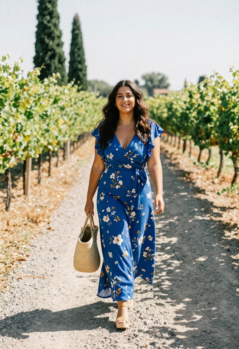 Plus size woman in cobalt blue floral wrap maxi dress walking through a sunlit vineyard