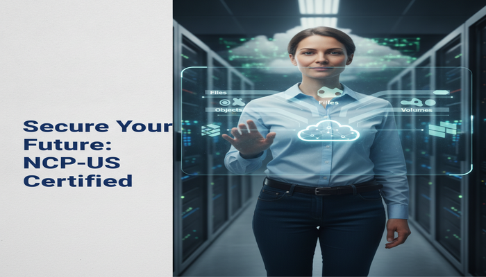 Secure Your Future: NCP-US Certified A confident IT professional in a futuristic data center with a holographic display showing unified data streams (files, objects, volumes), representing mastery of Nutanix unified storage and career growth through NCP-US certification.