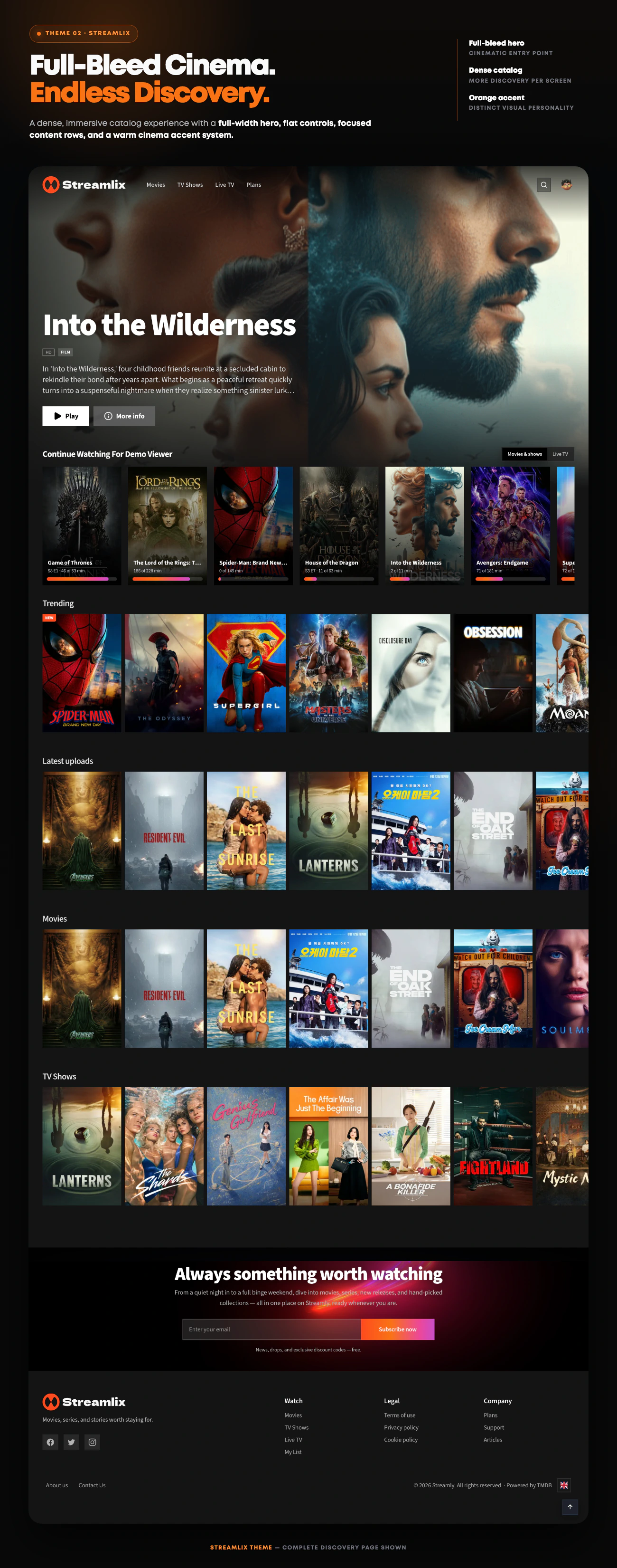 Complete Streamlix full-bleed movie and television discovery storefront with extensive catalog rows, call to action and footer