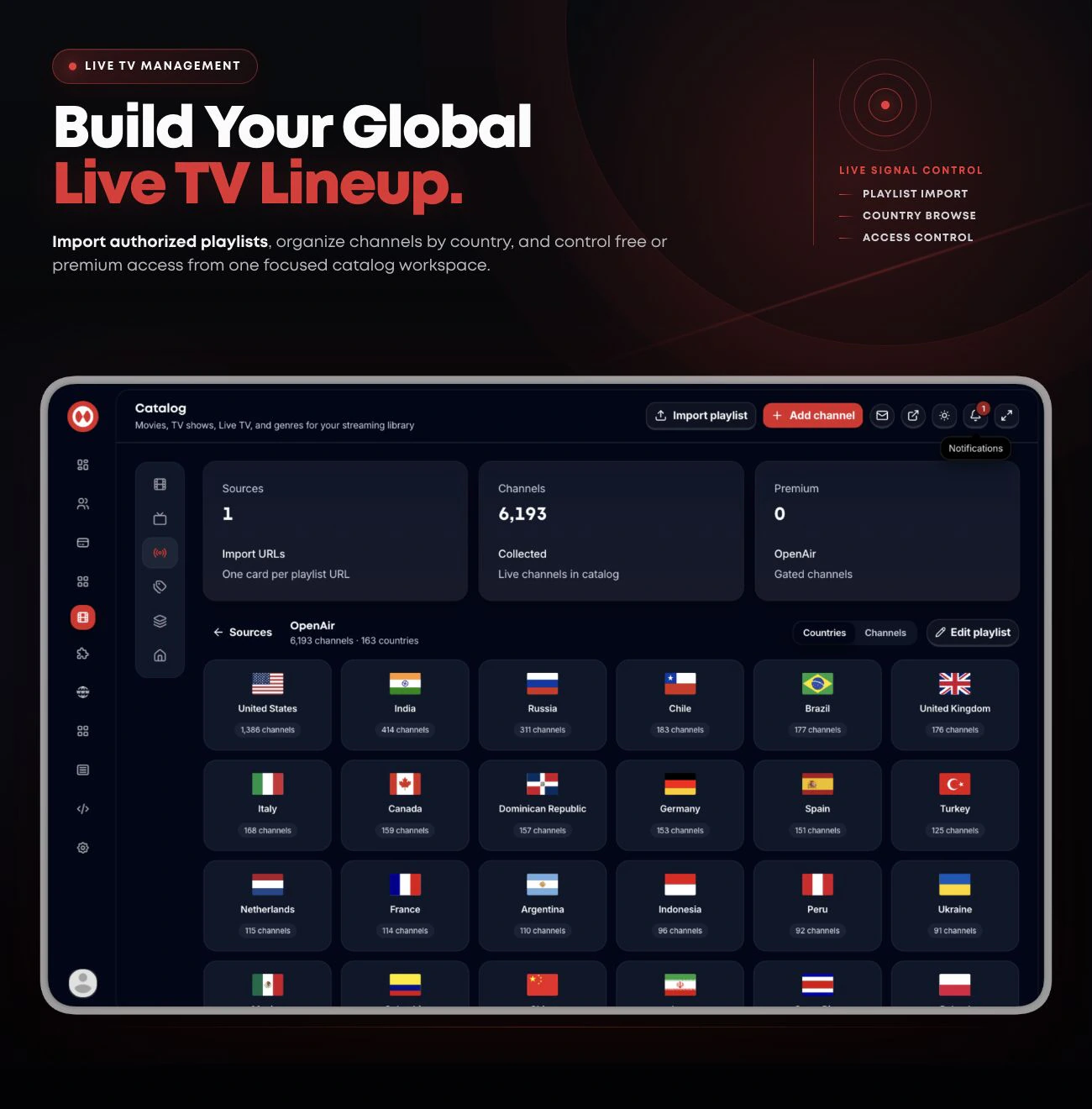 Streamly Live TV administration with playlist import, channel management, country browsing and premium access controls