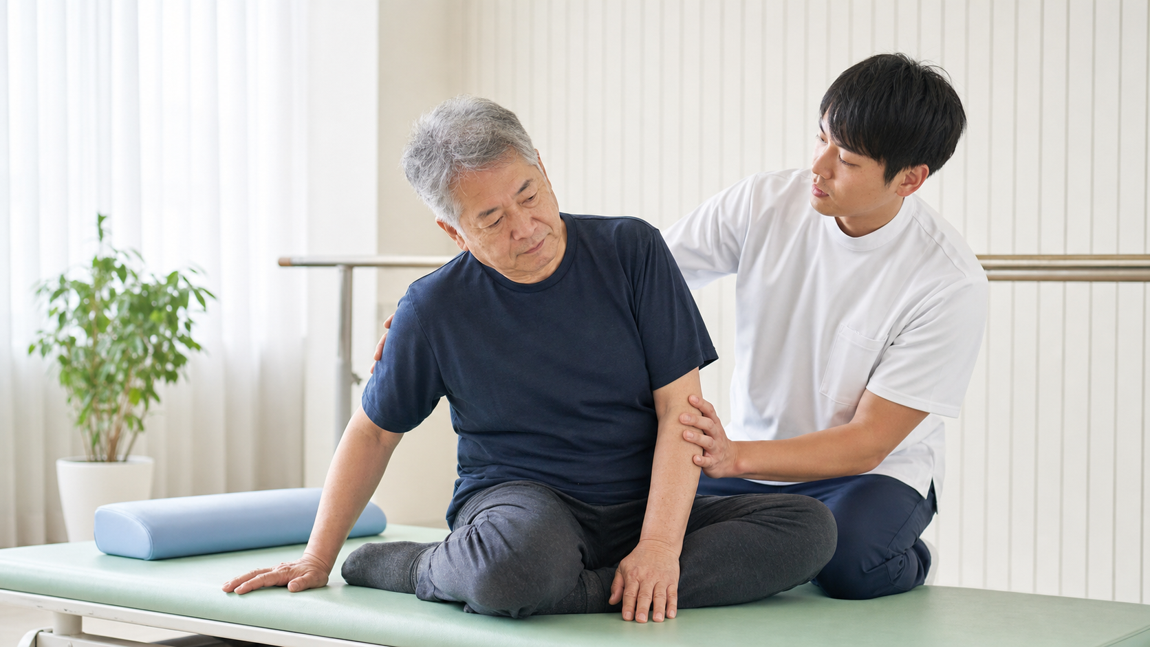 座位で体の傾きと姿勢を確認する場面