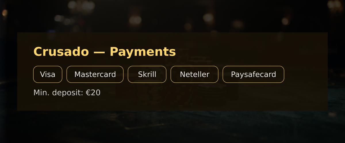 Crusado — Payments: Visa, Mastercard, Skrill, Neteller, Paysafecard