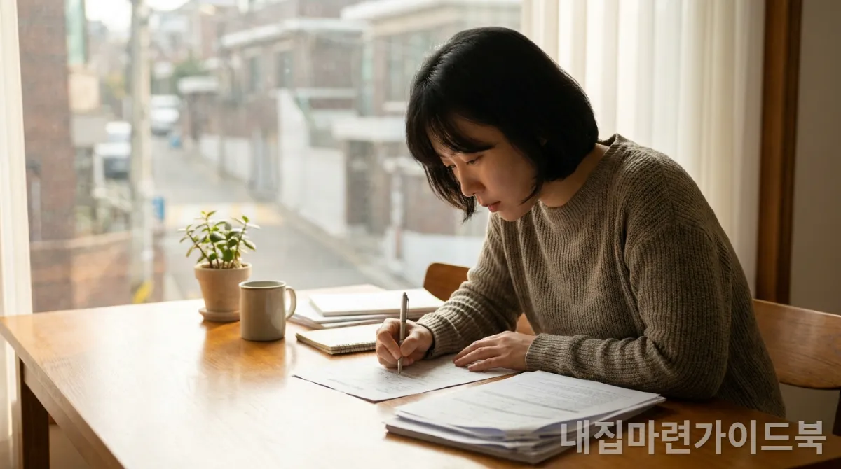 30대 한국인이 깨끗한 나무 테이블 위에서 다양한 서류에 둘러싸여 신청서를 작성하는 모습, 창문에서 들어오는 자연광 배경.