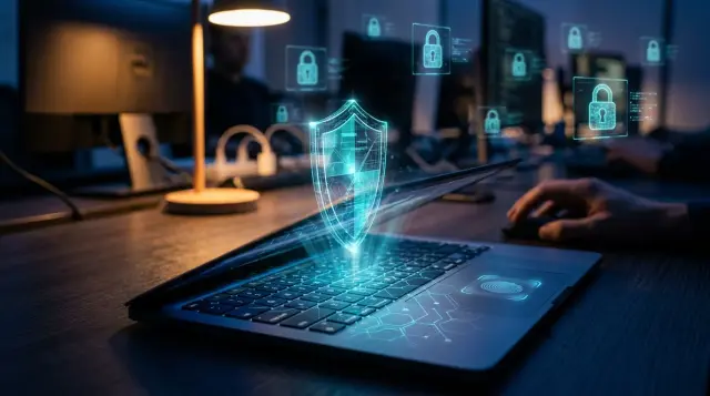 Holographic shield hovering over laptop keyboard with glowing fingerprint scanner, moody blue cybersecurity atmosphere