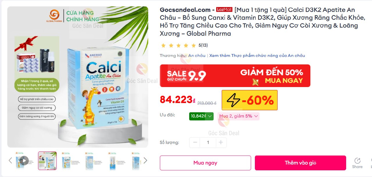 [Mua 1 tặng 1 quà] Calci D3K2 Apatite An Châu – Bổ Sung Canxi & Vitamin D3K2, Giúp Xương Răng Chắc Khỏe, Hỗ Trợ Tăng Chiều Cao Cho Trẻ, Giảm Nguy Cơ Còi Xương & Loãng Xương – Global Pharma