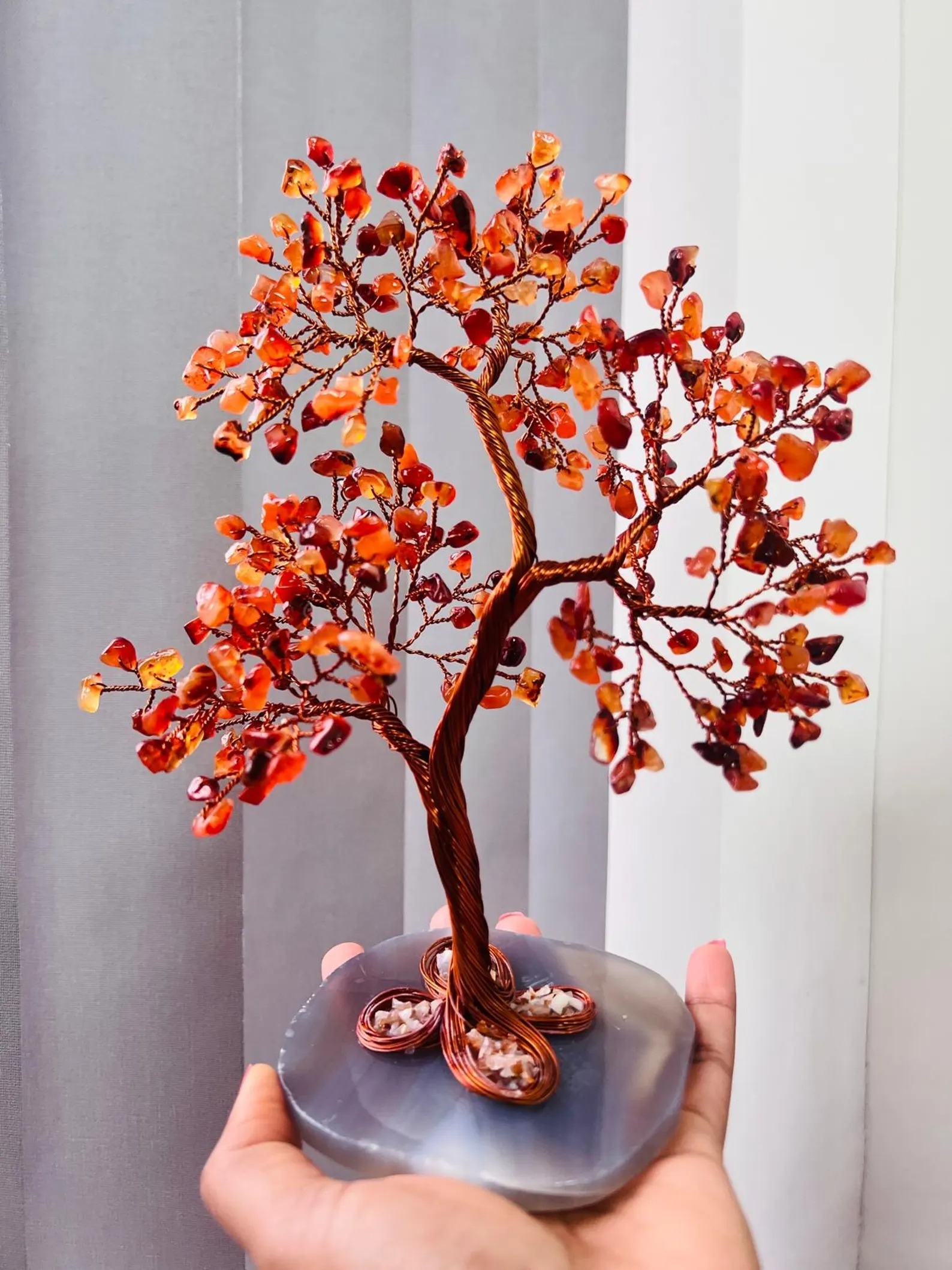 Carnelian Crystal Tree of Life, Copper Bonsai Sculpture, Agate Base thumbnail 3