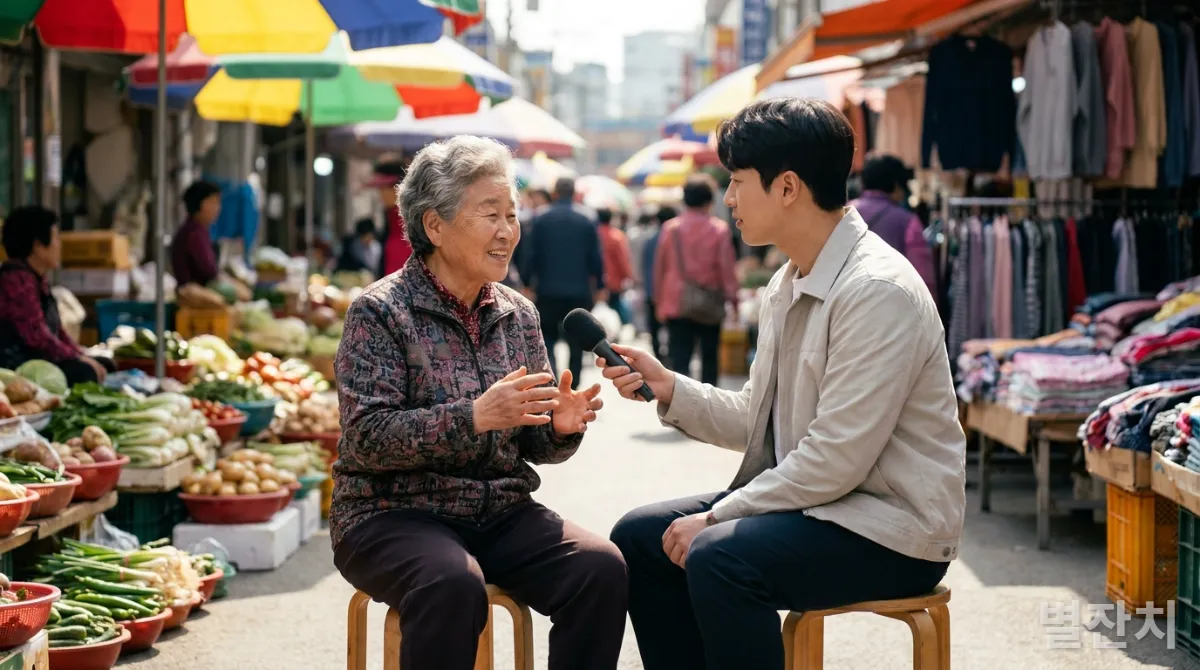 60대 한국인이 30대 한국인과 전통 시장에서 야외 인터뷰를 하며 이야기를 나누는 모습, 활기찬 시장 배경