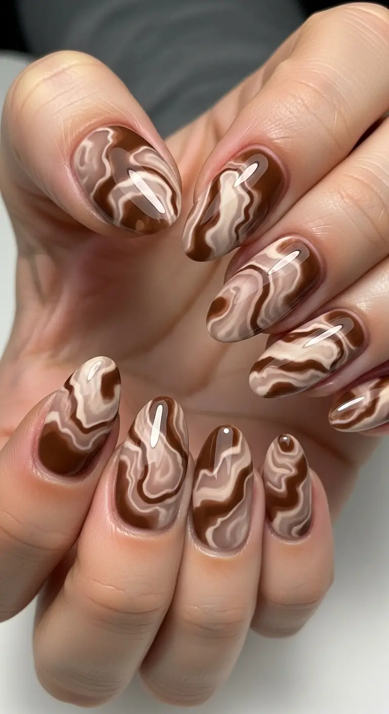 Mocha Cream Marble Swirl Oval Nails