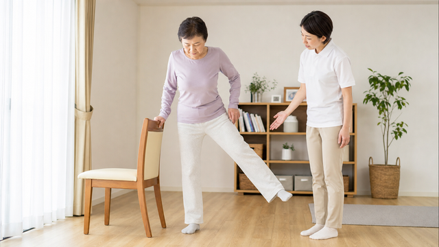安定した椅子を支えにして股関節まわりの運動を行う場面