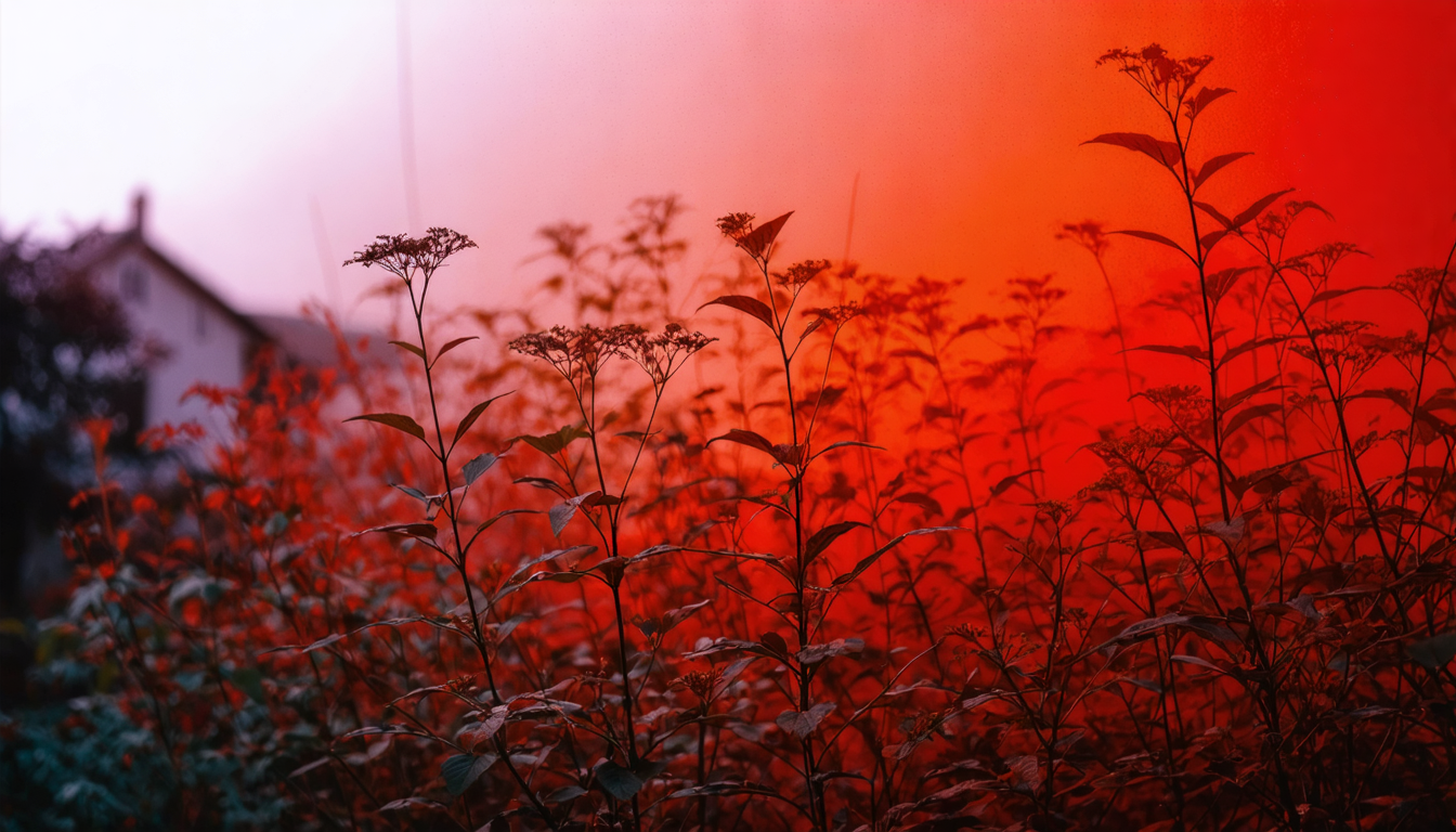 A desaturated garden with muted reds and grays, a single vivid green leaf visible at the edge of the frame