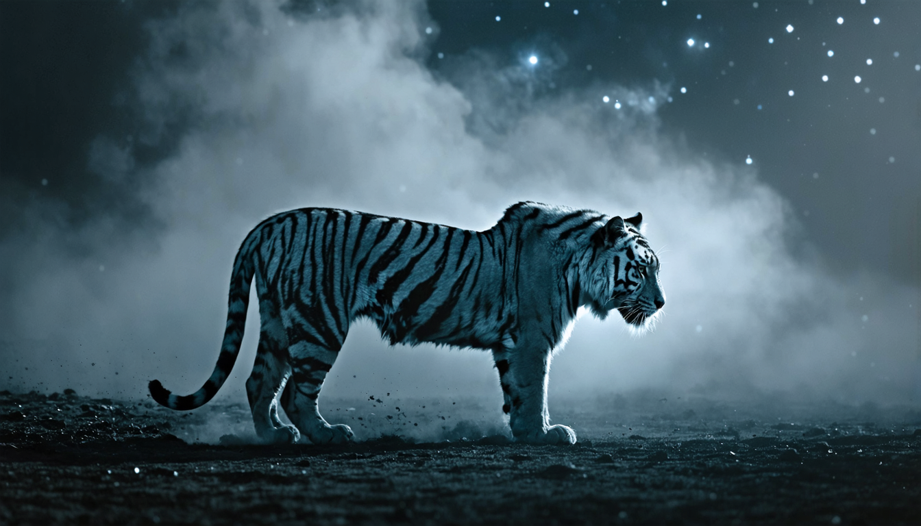 A single grey tiger dissolving into a starfield against a smoke-hazed twilight sky.