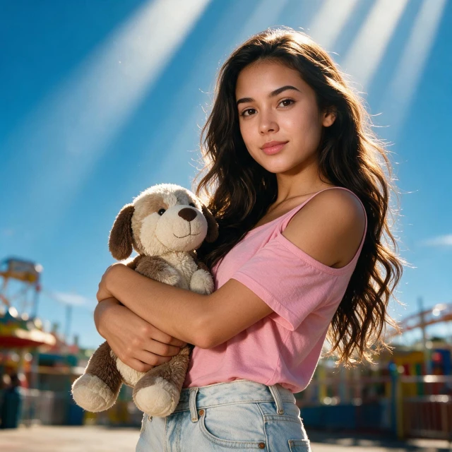 Hugging a stuffed animal, At an amusement park, wearing light colored jeans and a pink cold shoulder top, long wavy hair. Blue skies with sunbeams, cinematic, colorful, full body picture. High details.