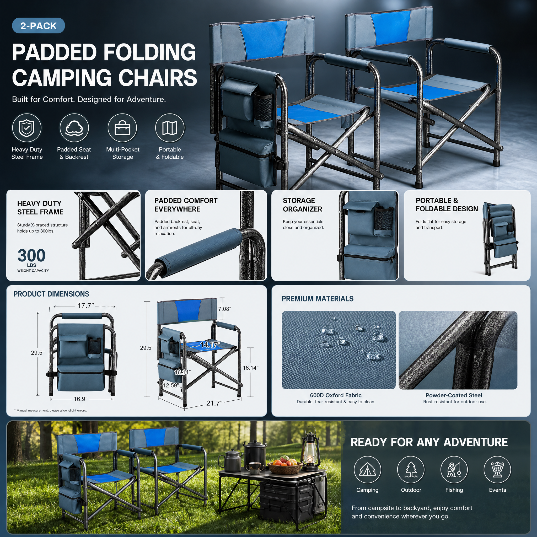 Blue grey padded folding director chair set showing storage organizer padded seating and folded profile