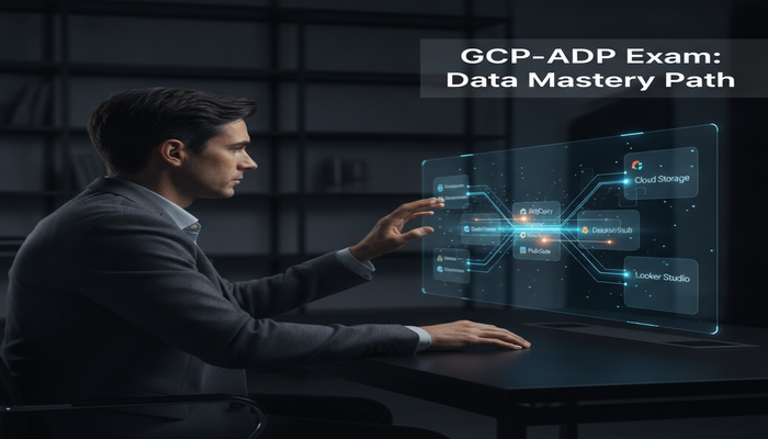 GCP-ADP Exam: Data Mastery Path A data practitioner interacting with a holographic display illustrating interconnected Google Cloud data services like BigQuery and Dataflow, symbolizing mastery of the GCP-ADP exam syllabus and a clear path to certification.
