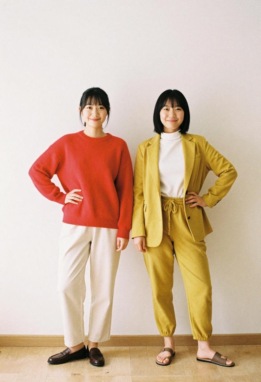 Cherry red knitwear and mustard blazer as bold color pairing for chic home office dressing