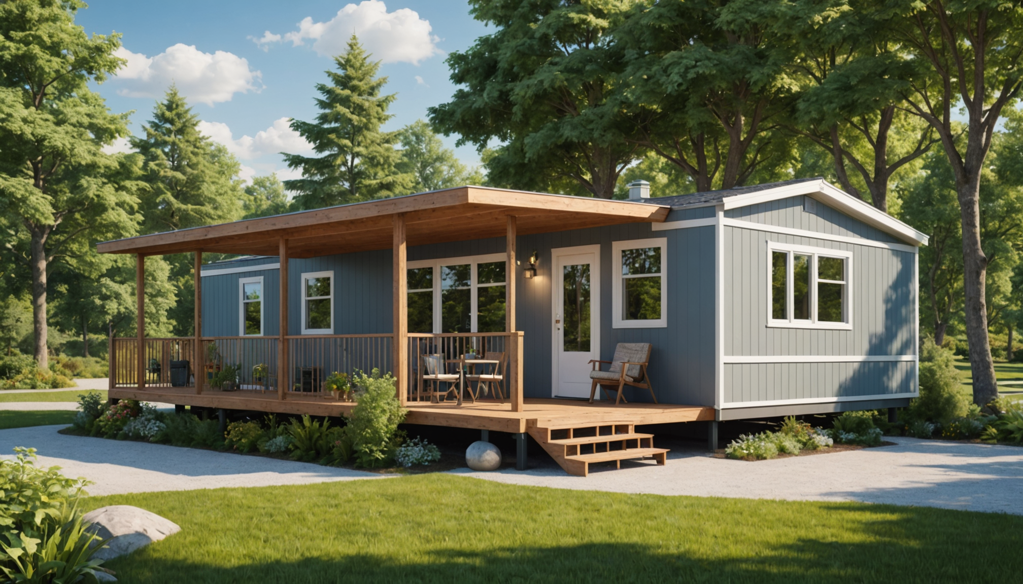Eco-friendly mobile homes in a lush, sustainable natural setting
