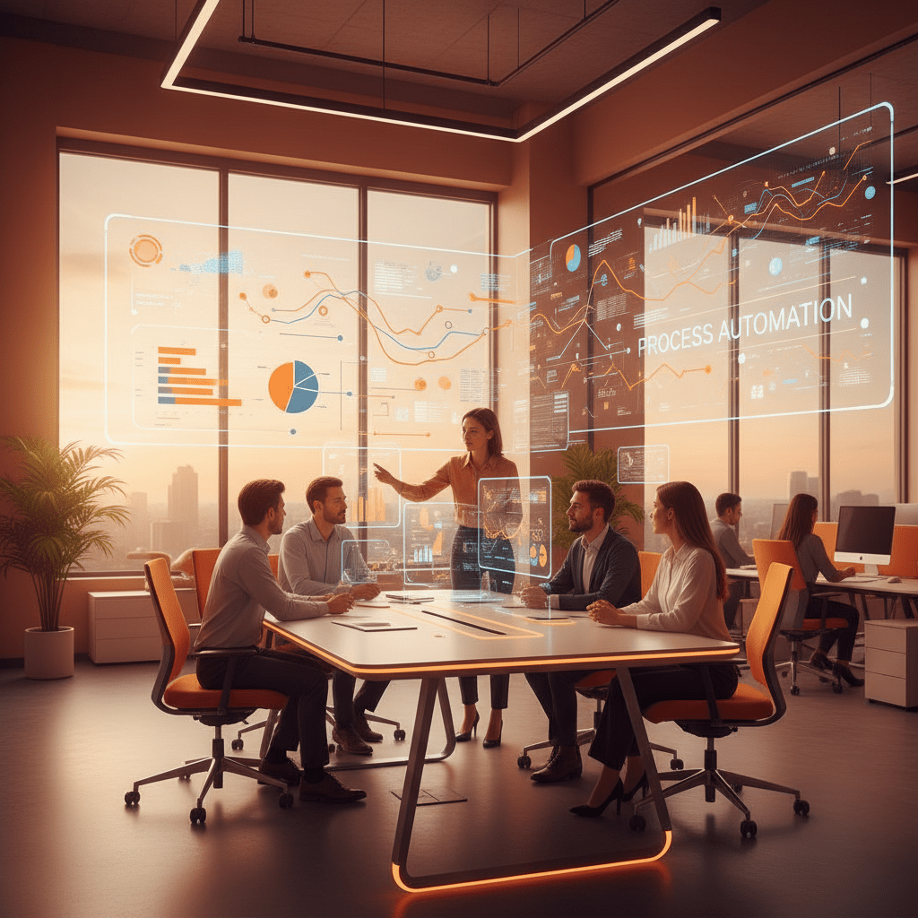 Diverse team of professionals collaborating in a modern office, symbolizing business process automation.