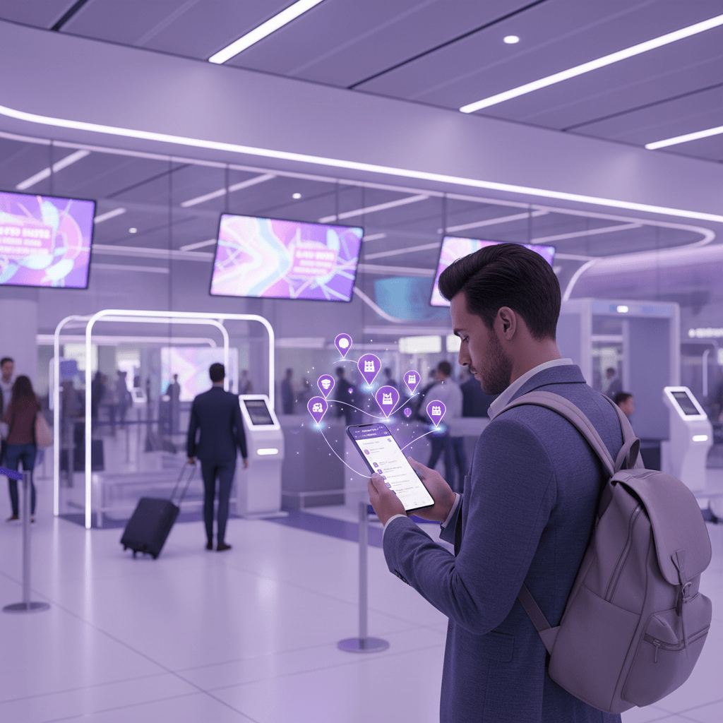 Traveler searching hotel on smartphone in airport